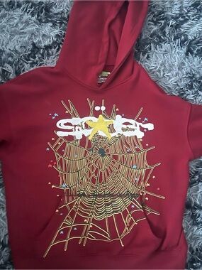 Red Hoodie with Gold Spiderweb Graphic